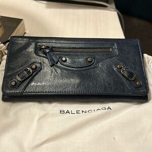 Balenciaga Agneau Giant 12 Gold Hardware Money Wallet Navy Blue